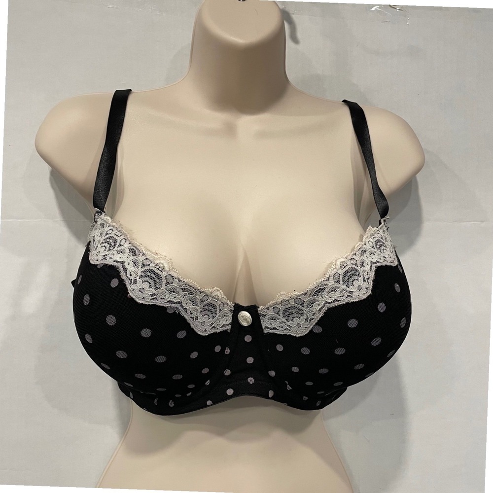 Q-T Black Polka Dot‎ Bra Lace Trim Push Up Underwire Back Closure 42D Burlesque